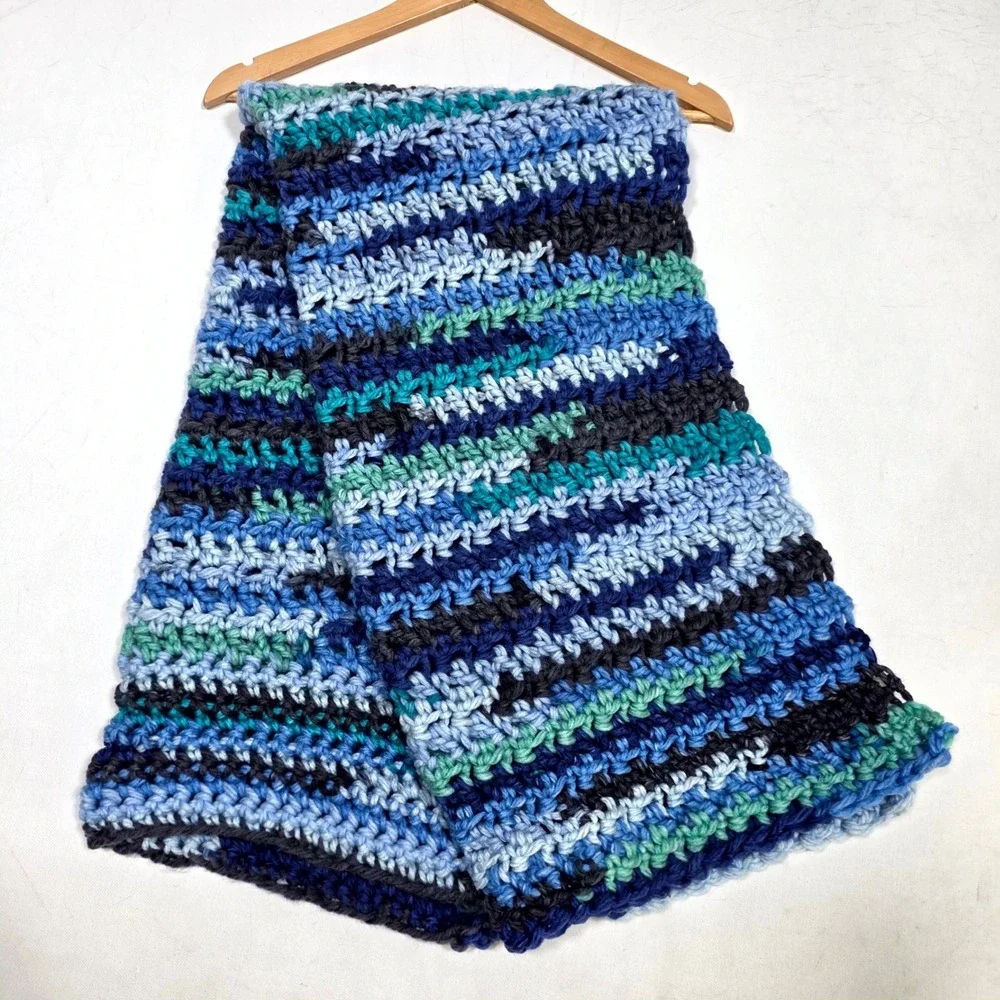Crochet Throw Blanket OS Blue Multi Striped Handmade Chunky Grandmacore Boho